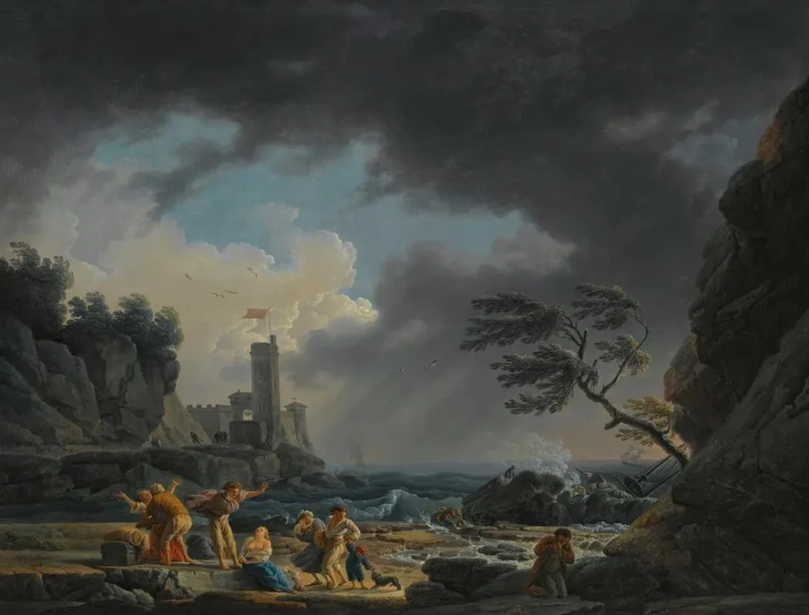 A Stormy Coastal Scene With Figures On A Beach Having Escaped A Shipwreck Engraved By Klauber