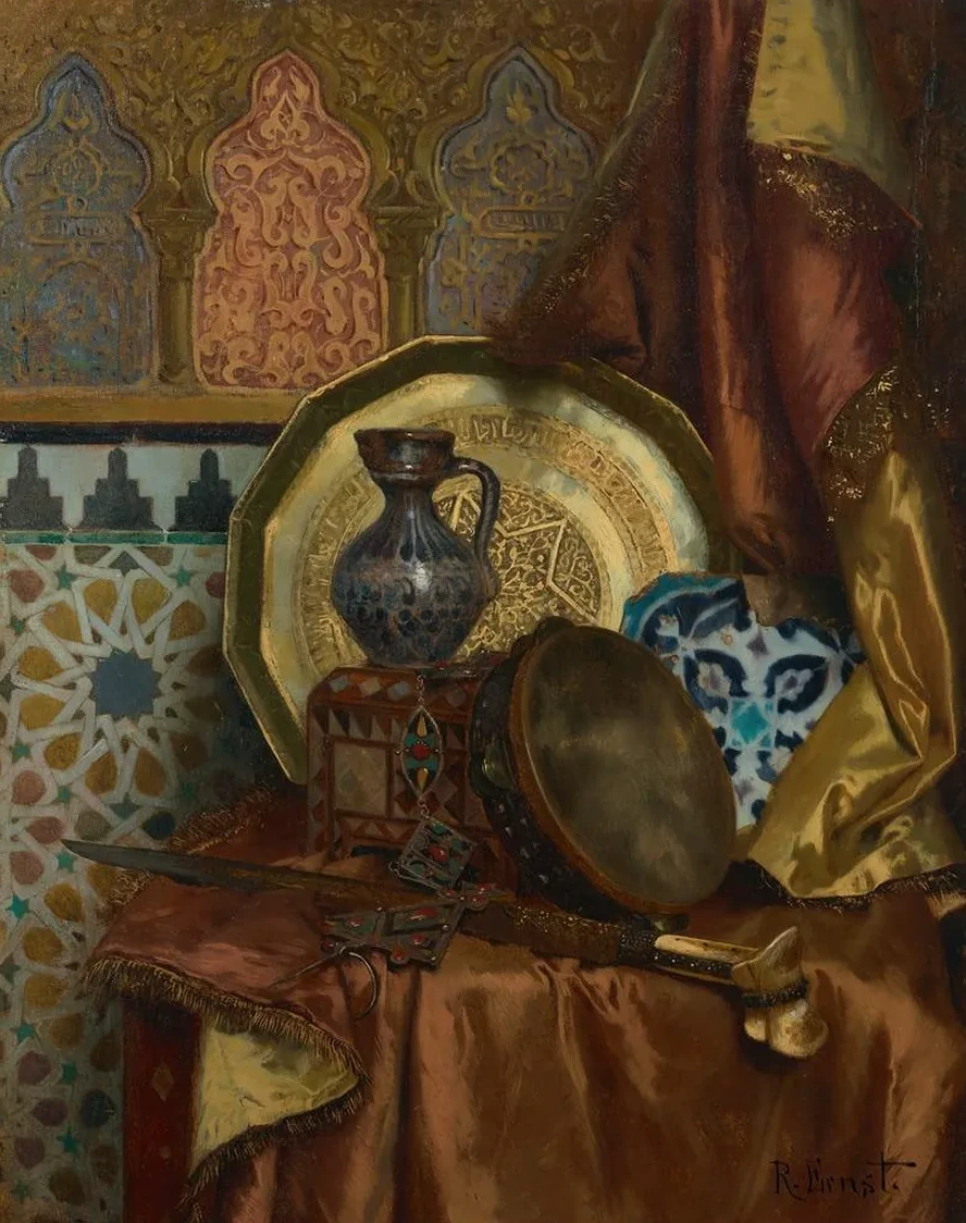 A Tambourine, Knife, Turkish Box, Turkish Jug, Moroccan Tile and Plate on a Satin Covered Table