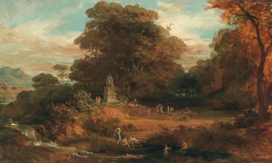A Vast Idealised Landscape with Antique Figures around a Double Statue of Mars and Venus, Temple Architecture