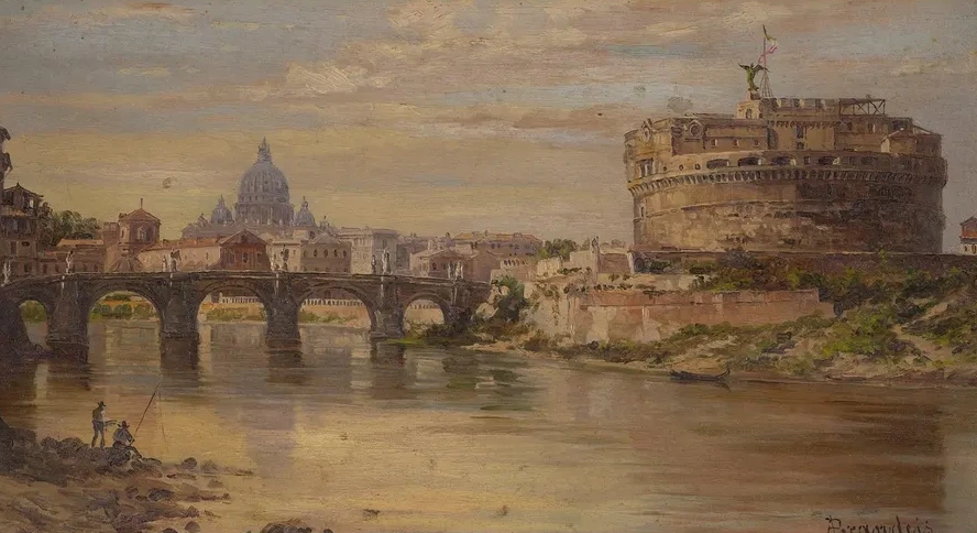 A View Of The Tiber With Castel Sant Angelo And St. Peters