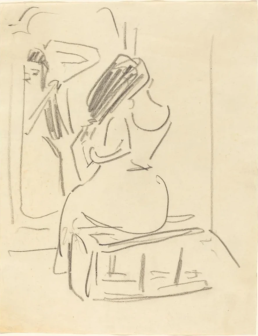 A Woman Combing Her Hair in Front of a Mirror