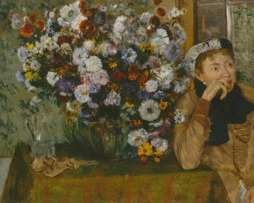 A Woman Seated beside a Vase of Flowers