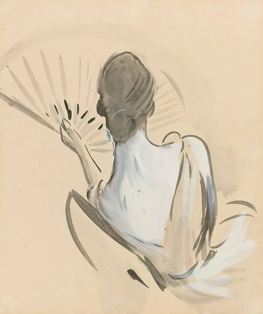 A Woman Seen From Behind Holding A Fan