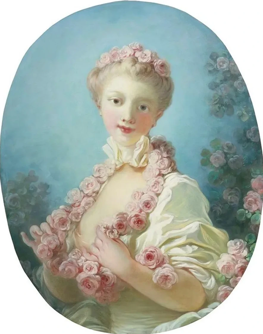A Young Blonde Woman With a Garland of Roses Around Her Neck