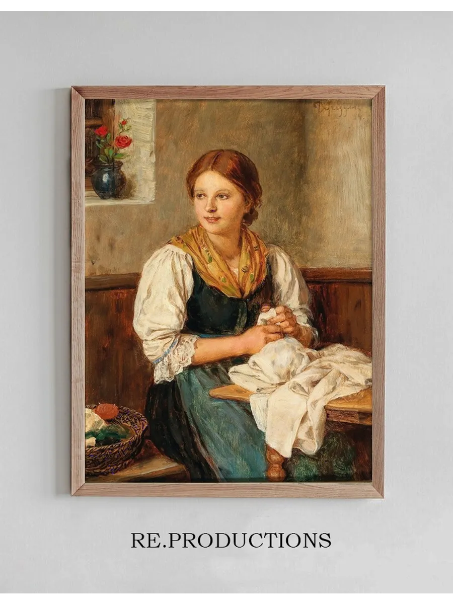 A Young Girl In Traditional Costume Sewing At Home