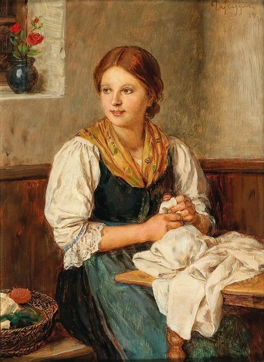 A Young Girl In Traditional Costume Sewing At Home