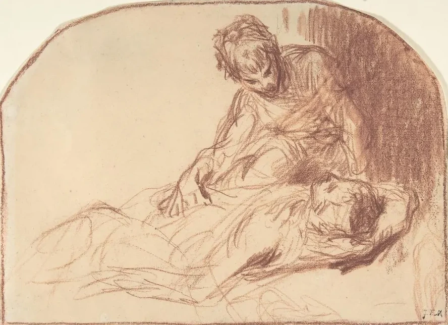 A Young Man Seated, Bent over a Reclining Figure