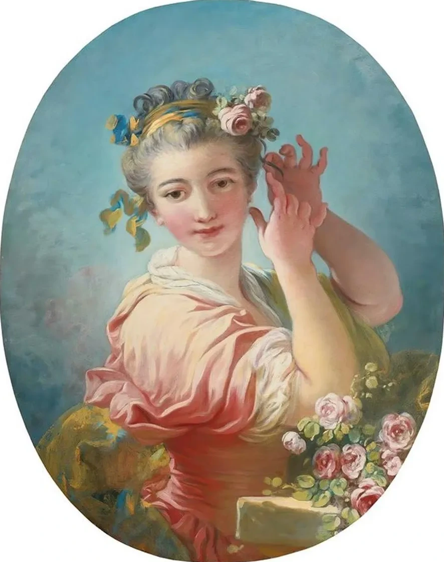 A Young Woman Adorning Her Powdered Coiffure With a Spray of Roses