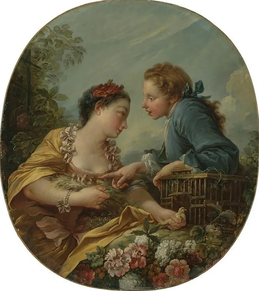A Young Woman And Youth Placing Young Birds In A Cage the Bird Nesters