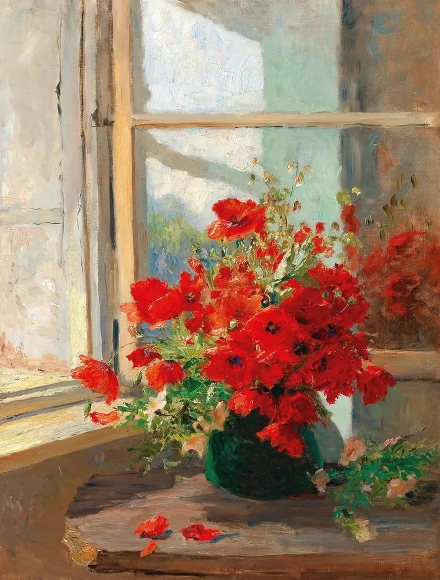 A Bouquet of Poppies by the Window