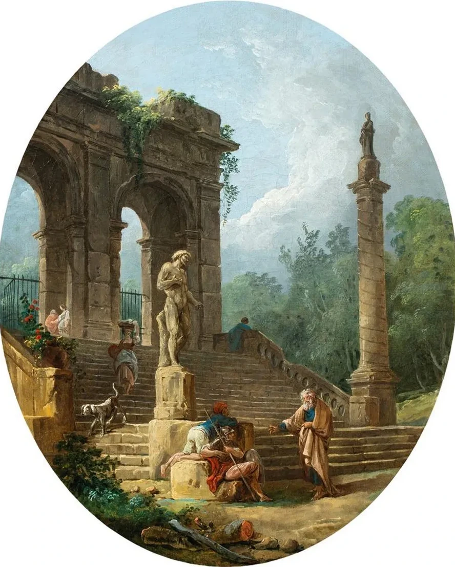 A Capriccio of a Classical Arcade and a Column with Figures Conversing Before a Statue