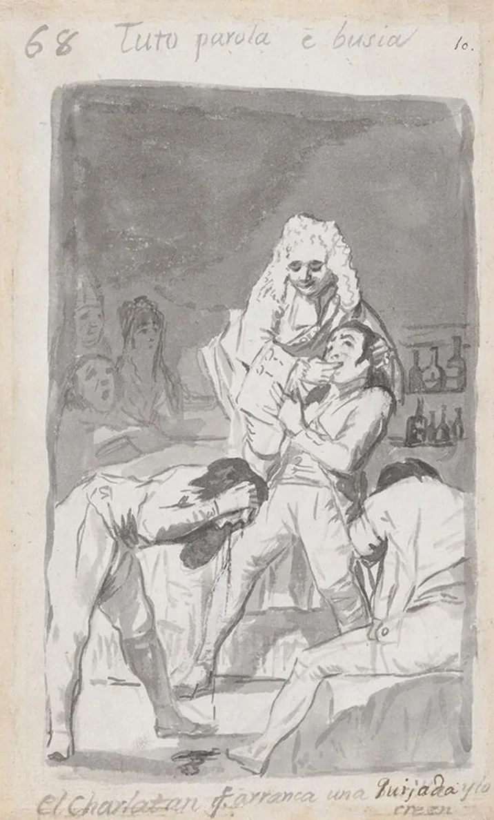 A Charlatan Extracting a Tooth from a Patient's Mouth, Figure in the Foreground Vomiting