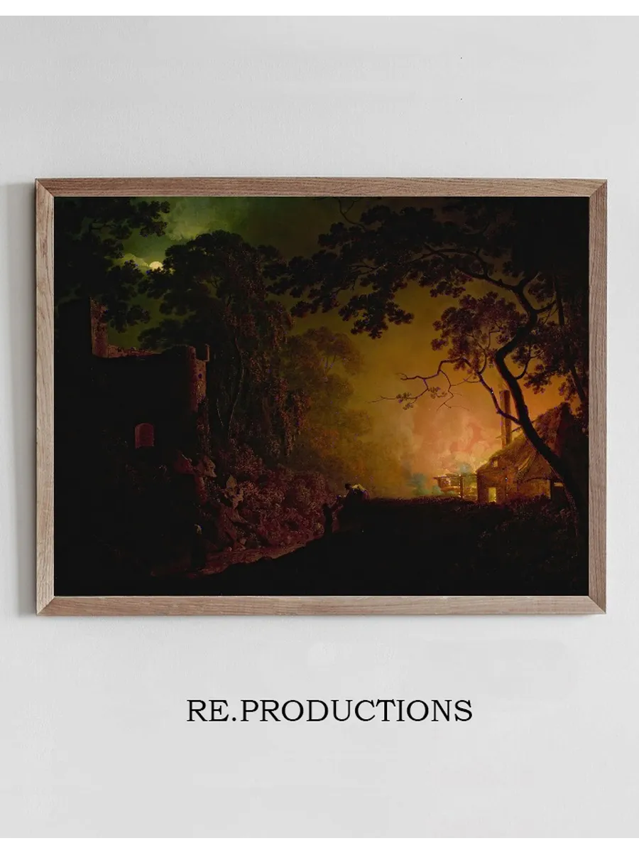 A Cottage on Fire at Night