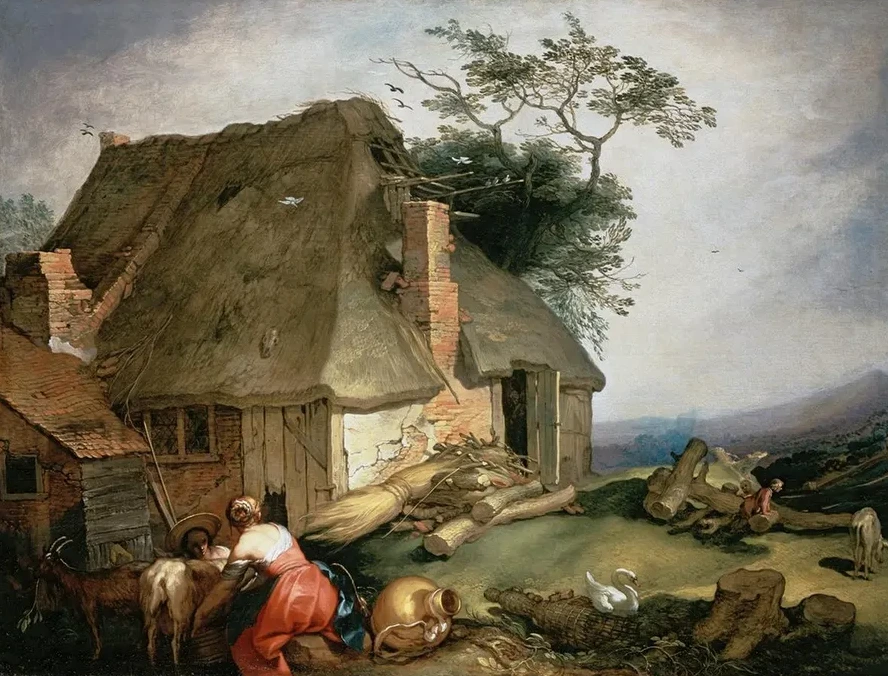 A Cottage with Peasants Milking Goats