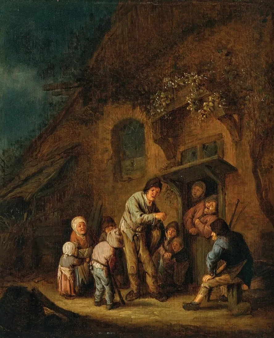 A Farmyard with Children and Peasants Listening to a Hurdy - Gurdy Player