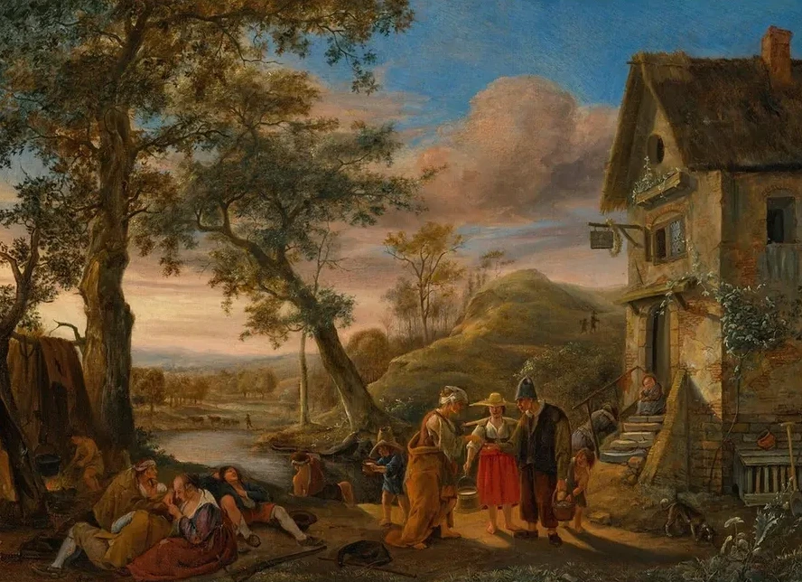 A Fortune Teller and Peasants Before an Inn with a River Landscape Beyond