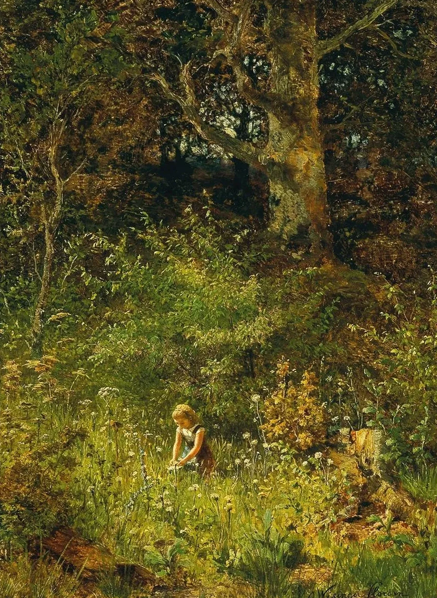 A Girl Gathering Flowers in a Forest Glade