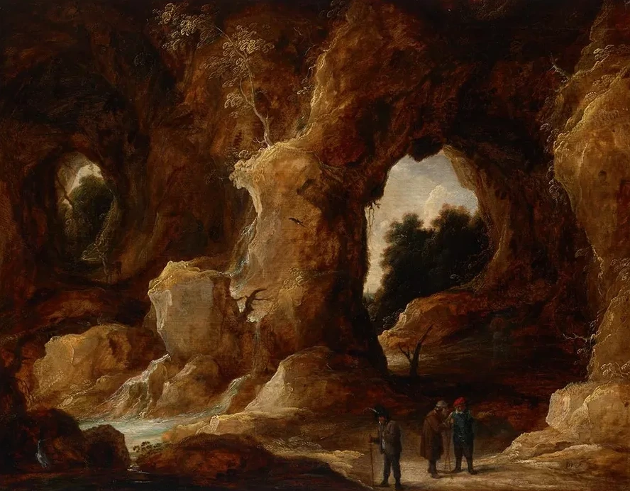 A Grotto with Figures, a Stag and Stork