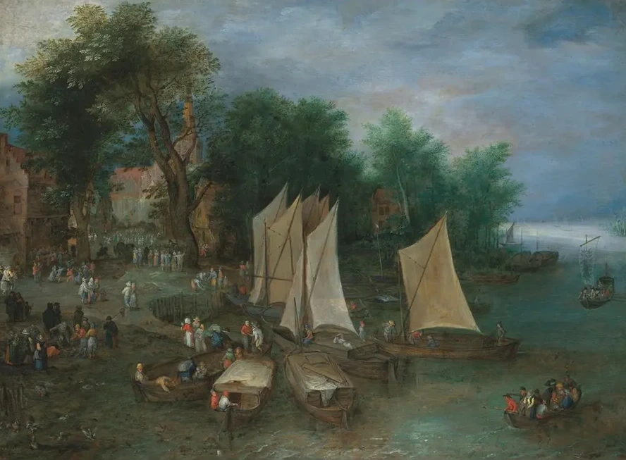 A Landing Stage Near a Village with Shipping and Figures