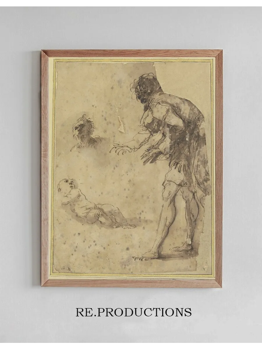 A Man Looks Down at an Infant Lying on the Ground Above There Is a Head Study