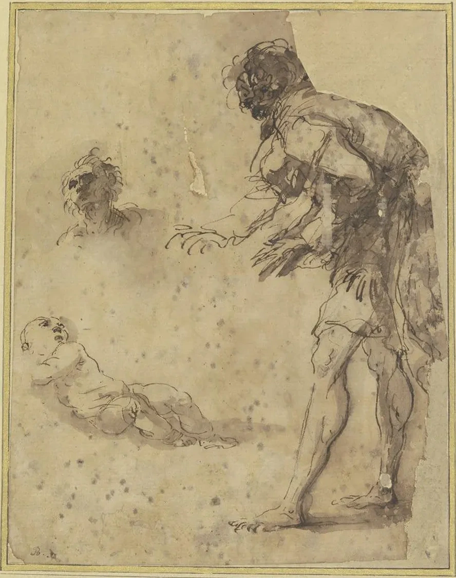 A Man Looks Down at an Infant Lying on the Ground Above There Is a Head Study