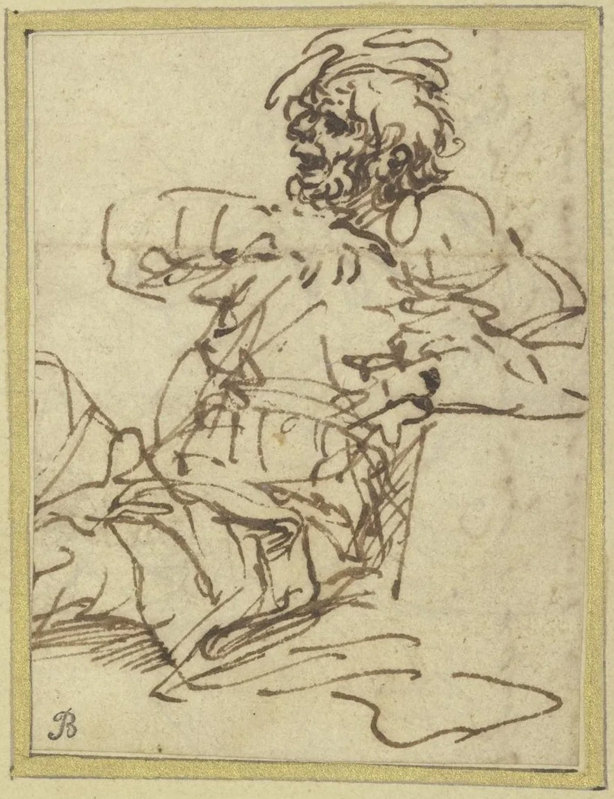 A Man Seated Against a Block on the Right