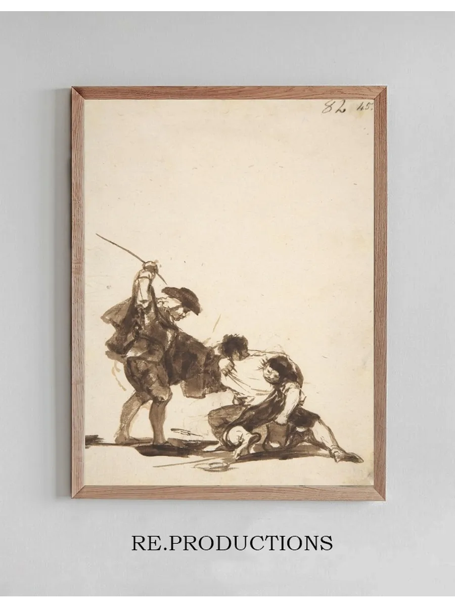 A Man with a Raised Whip Breaking Up a Fight Between Two Figures