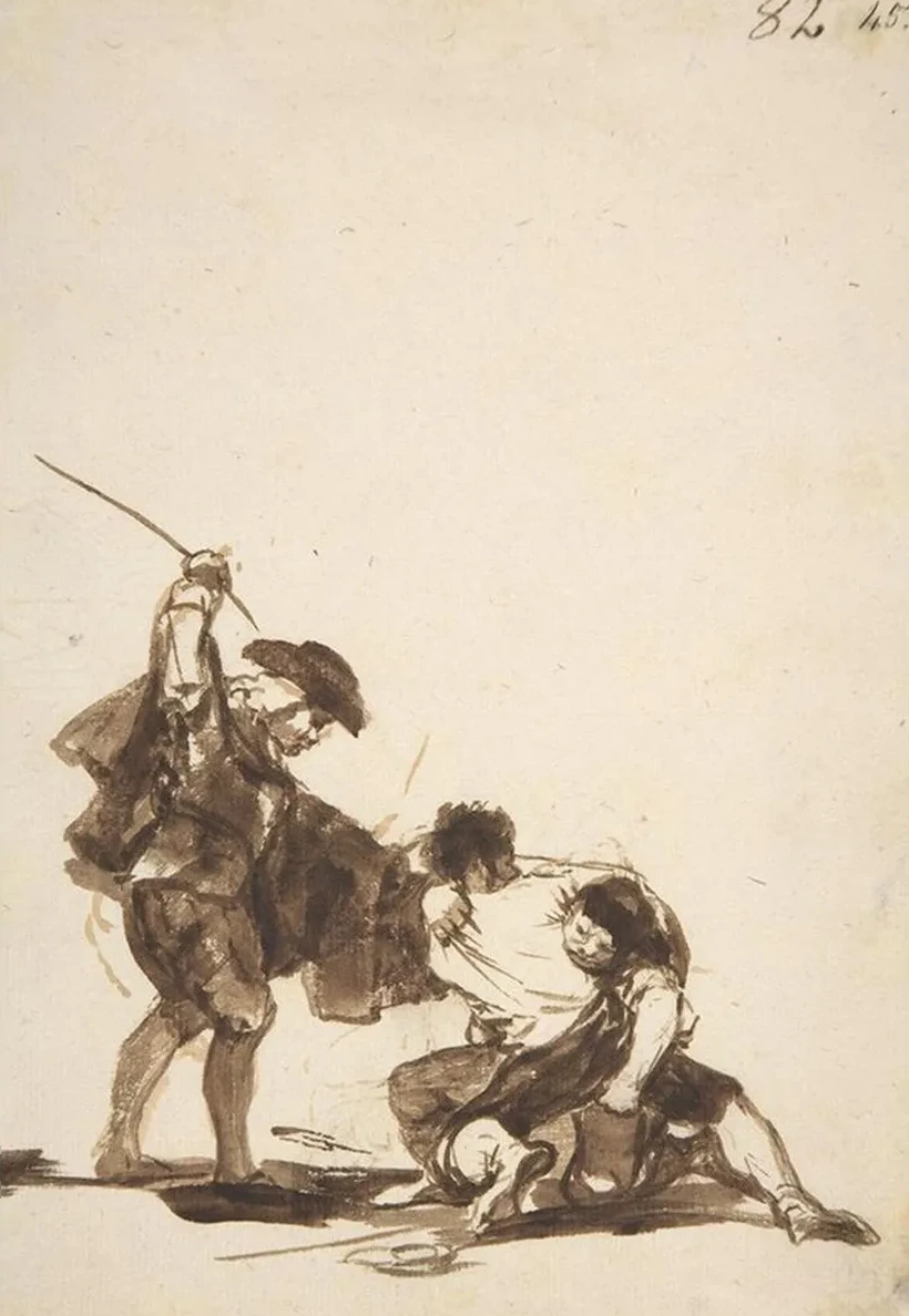 A Man with a Raised Whip Breaking Up a Fight Between Two Figures