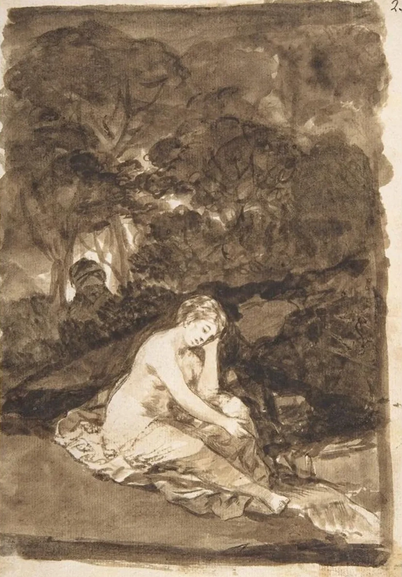A Partly Naked Woman Seated by a Stream