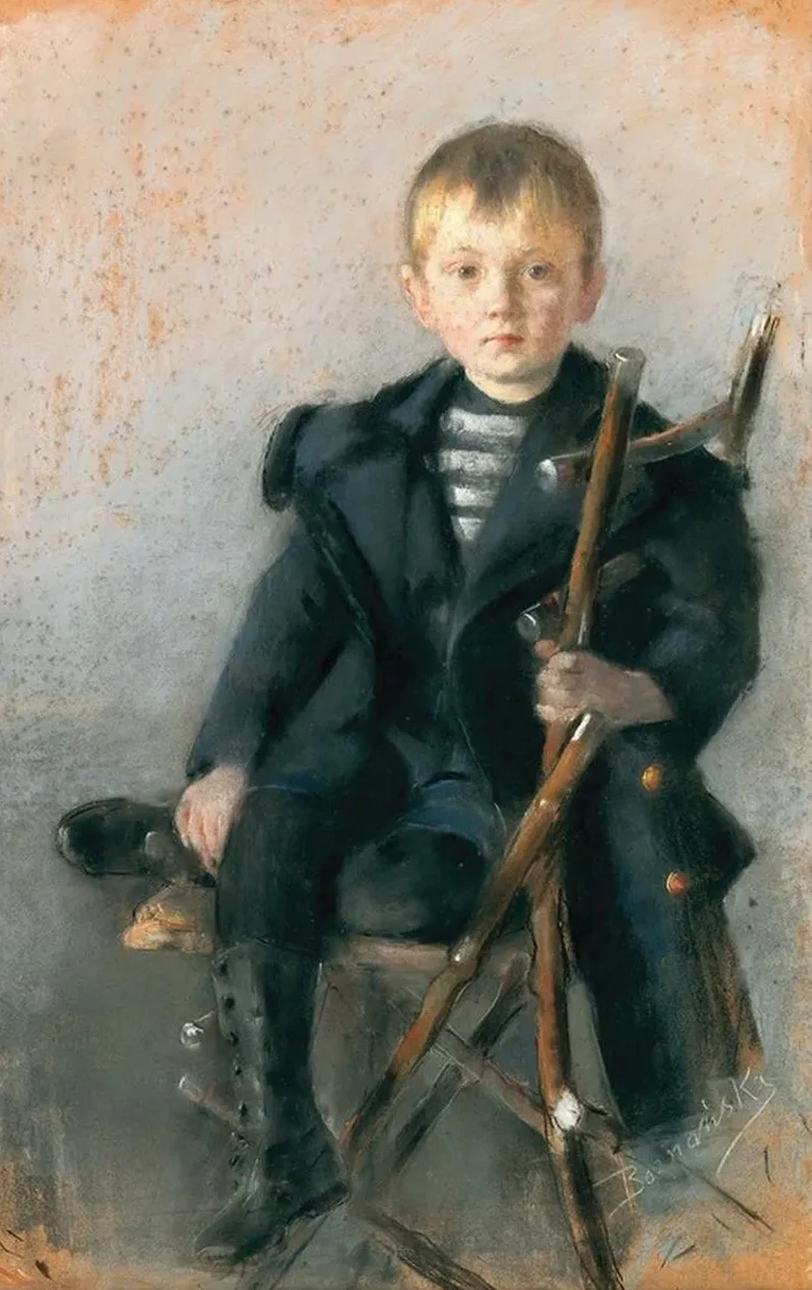 A Portrait of a Blond Boy and Black Coat with Gold Button