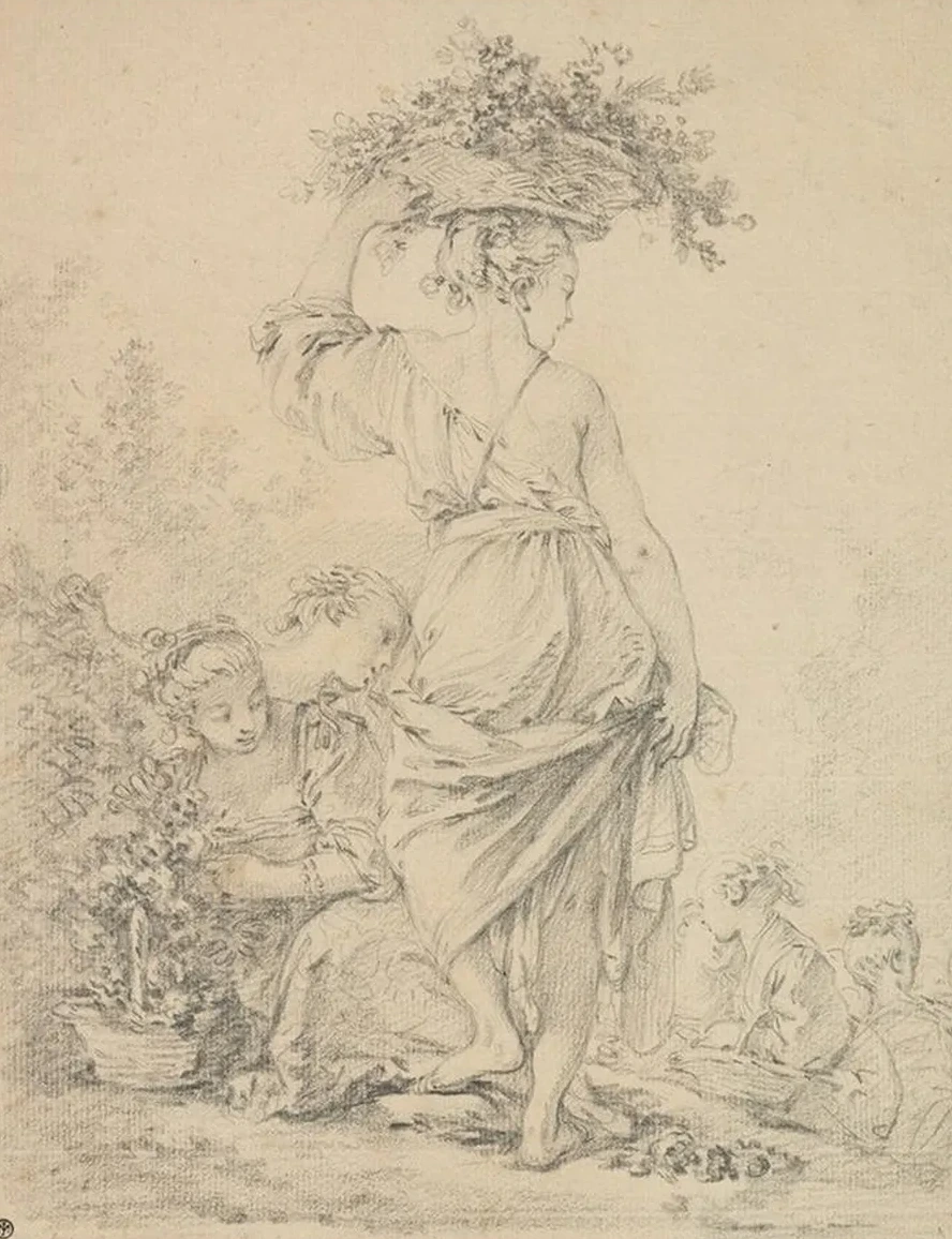 A Standing Young Woman and Others Gathering Flowers (la Jardini Re)