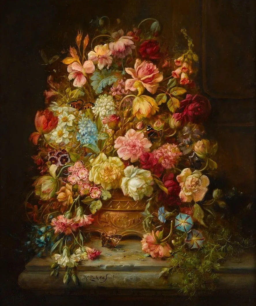 A Still Life with Flowers in a Jardiniere Resting on a Ledge