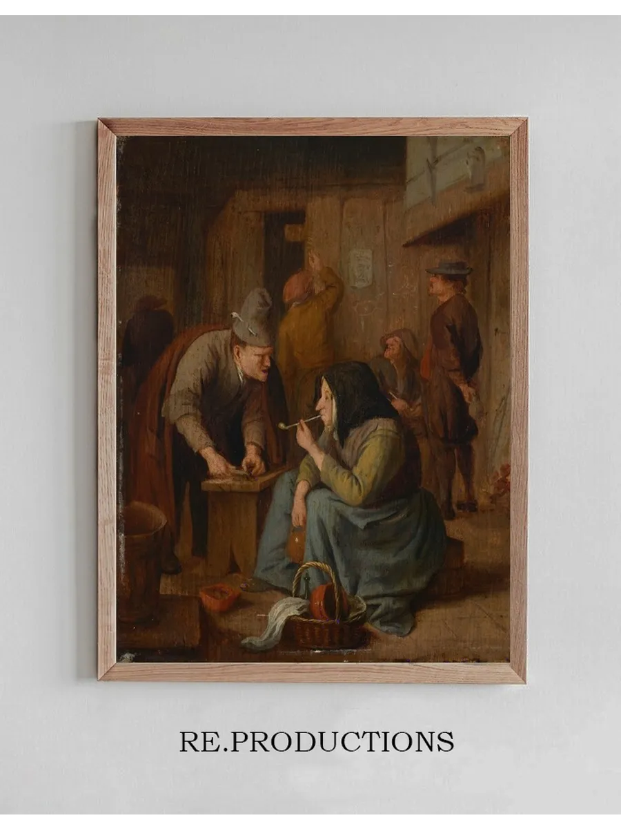A Tavern Interior with a Woman Smoking a Pipe and a Man Cutting Tobacco