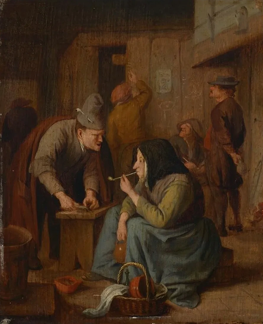 A Tavern Interior with a Woman Smoking a Pipe and a Man Cutting Tobacco