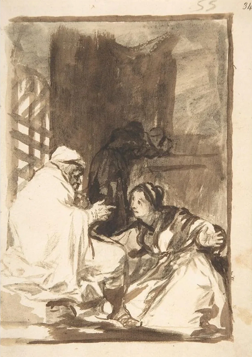 A Woman Kneeling, Her Arms Wide, Before an Old Man