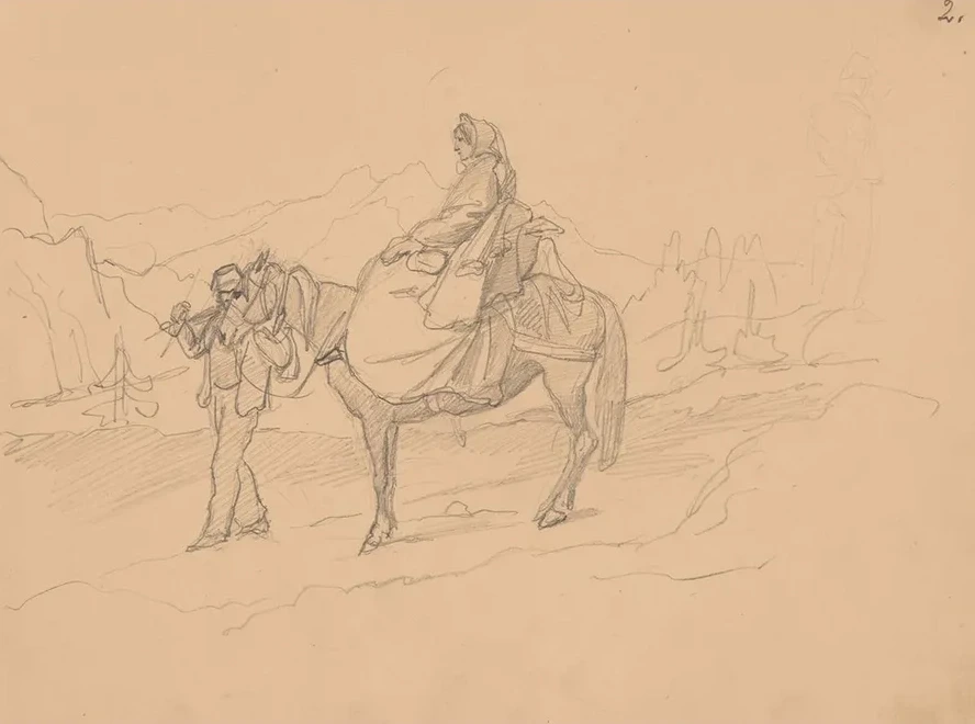 A Woman on a Horse Led by a Man in Fez