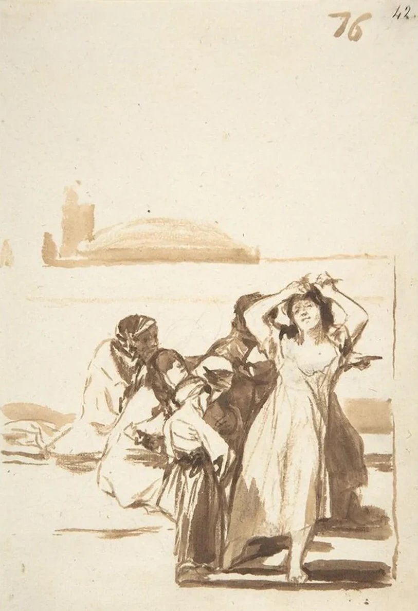 A Woman Pulling at Her Hair Being Watched by a Group of Figures