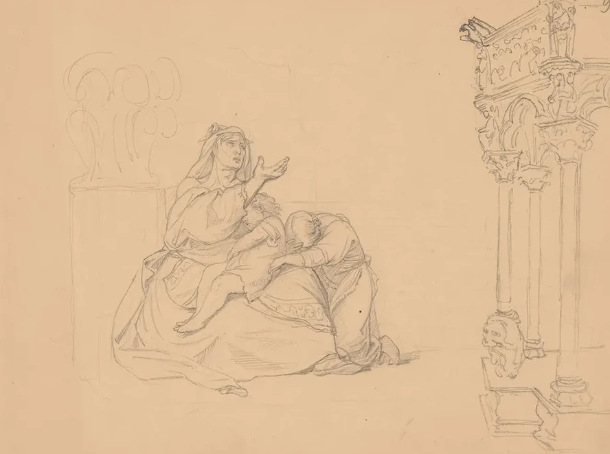 A Woman with Two Children with a Hand Extended in a Gesture of Begging