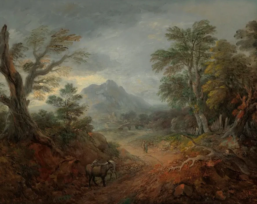 A Wooded Landscape with Donkeys and Figures on a Path