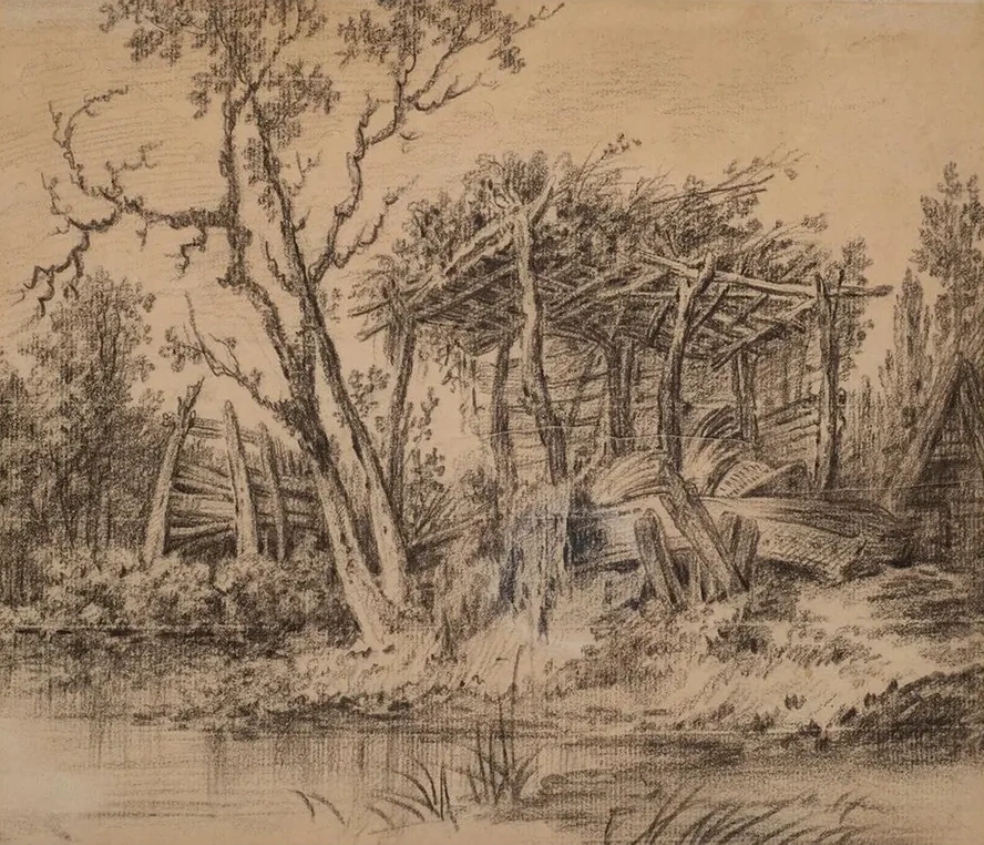 A Wooden Shelter in Picturesque Decay by a River