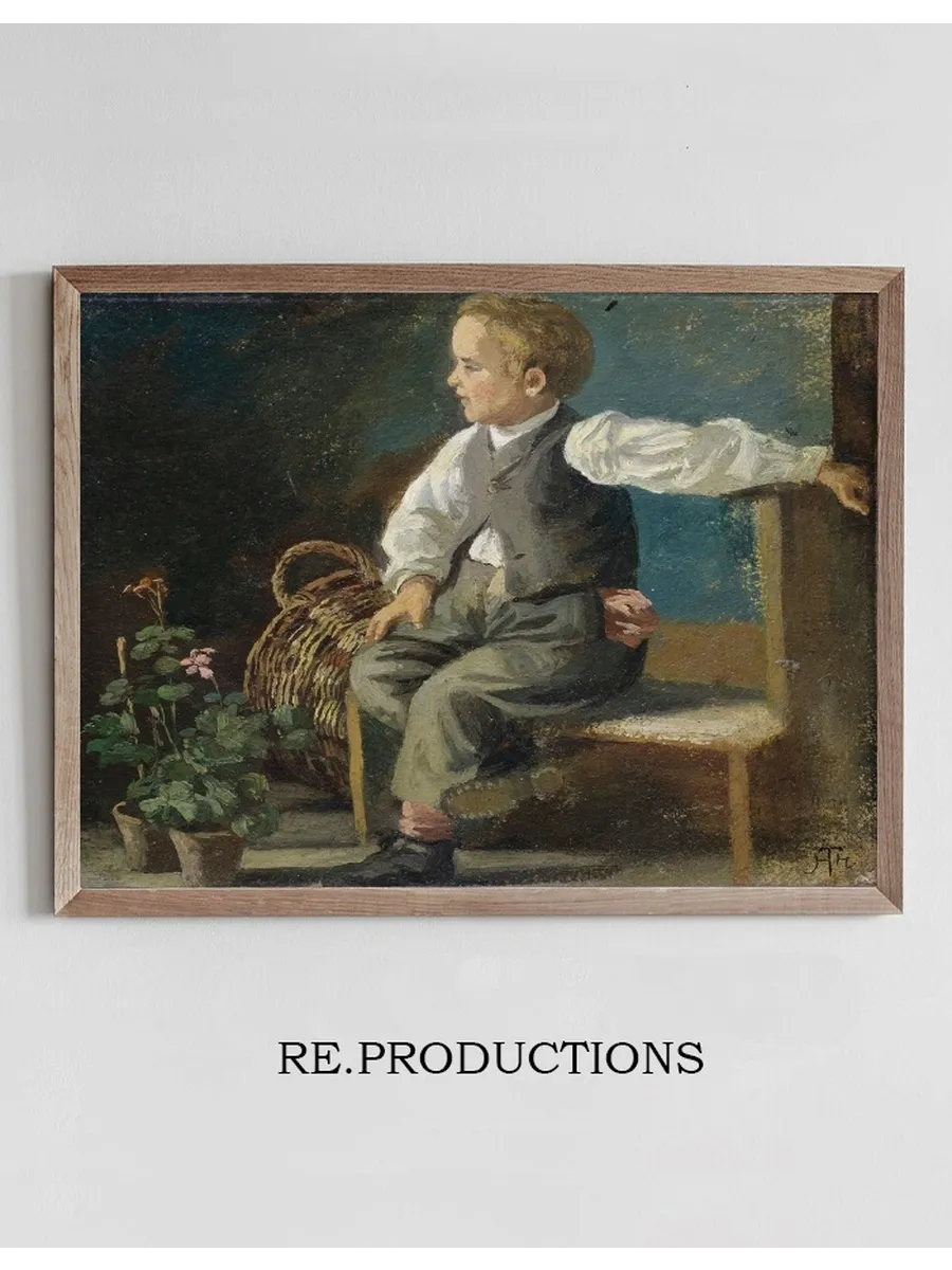 A Young Boy on a Bench with Flower Pots and a Wicker Basket