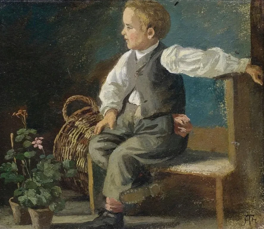 A Young Boy on a Bench with Flower Pots and a Wicker Basket