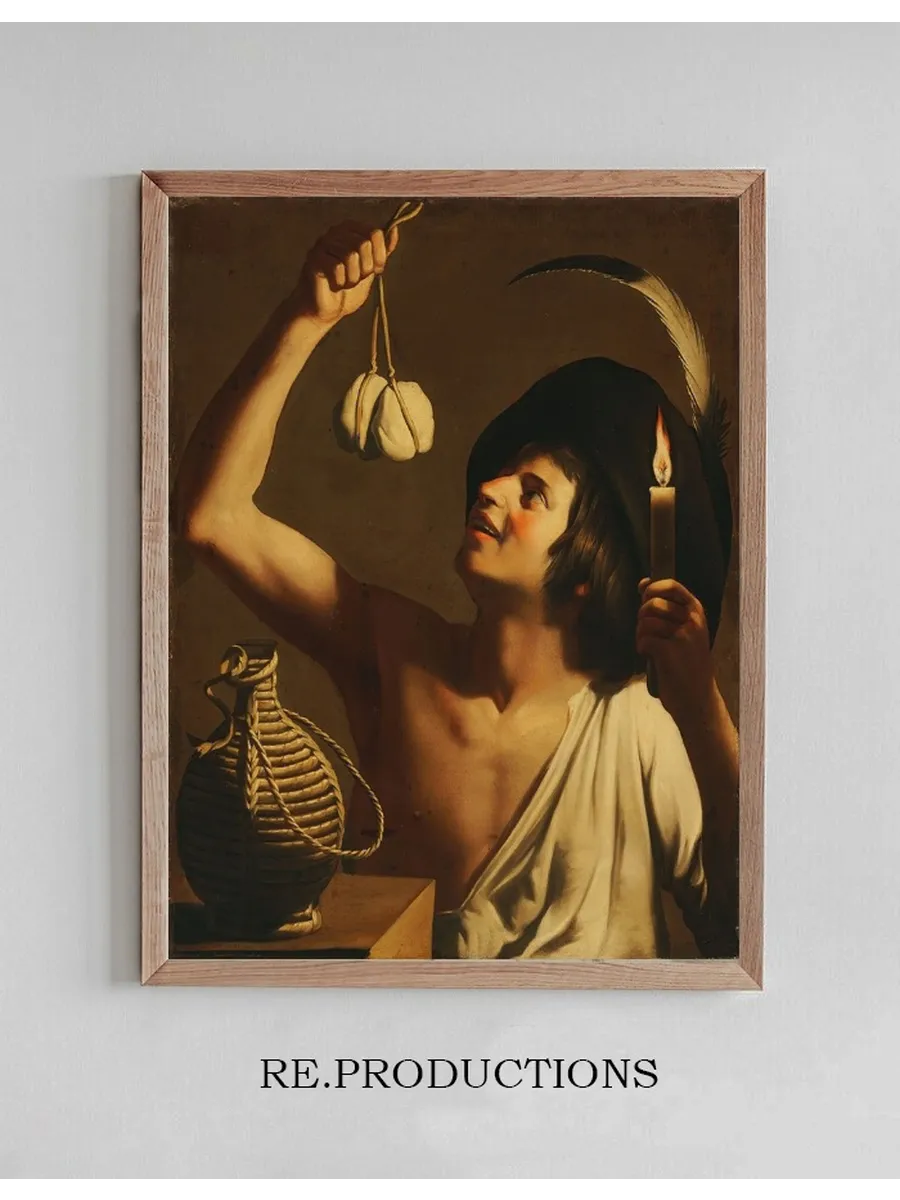 A Young Man Holding a Burning Candle and a Scamorza Cheese, a Fiasco Bottle Beside Him