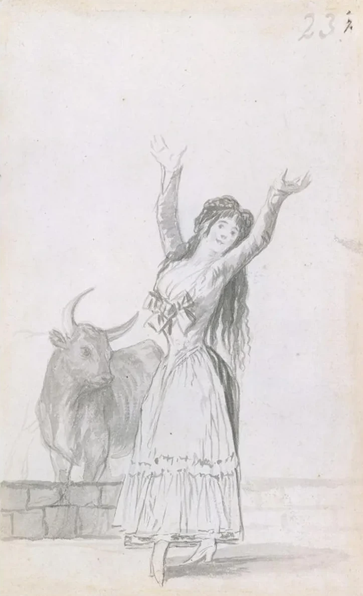 A Young Woman Dancing, Her Arms Raised, a Bull in the Background