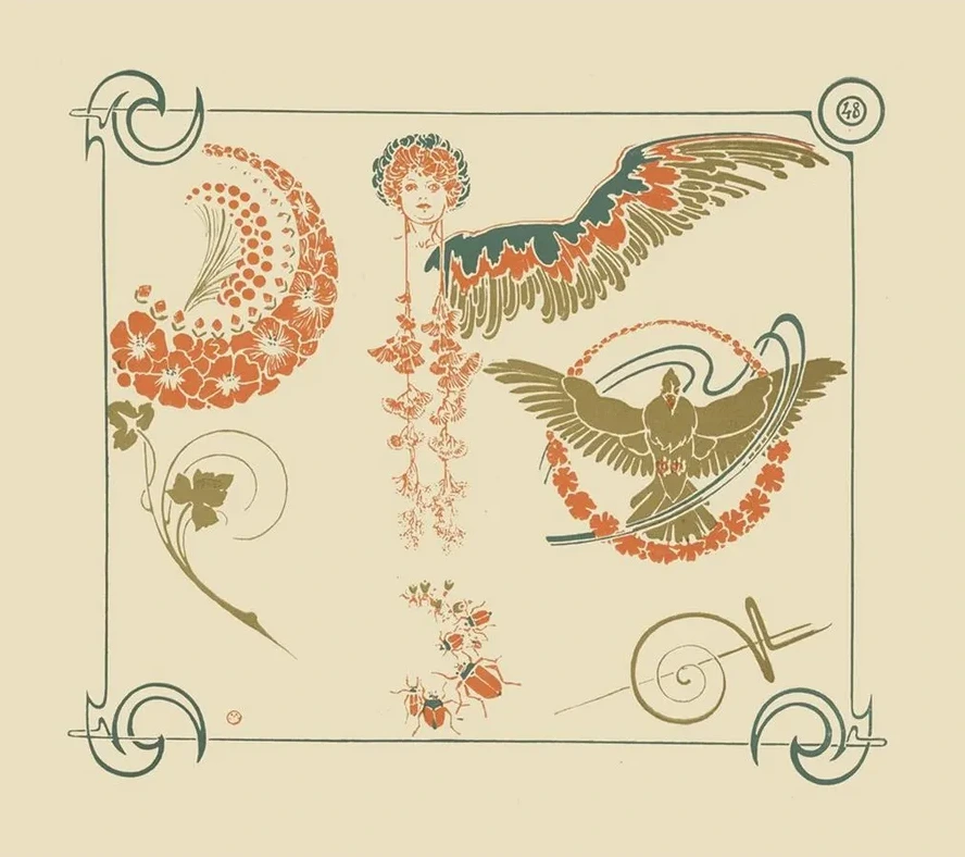Abstract Design Based on Flowers, Angels, Birds, Beetles