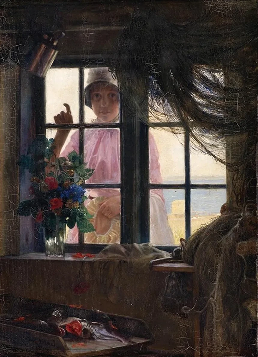 After the Bath. A Young Girl Knocking at the Fisherman's Window