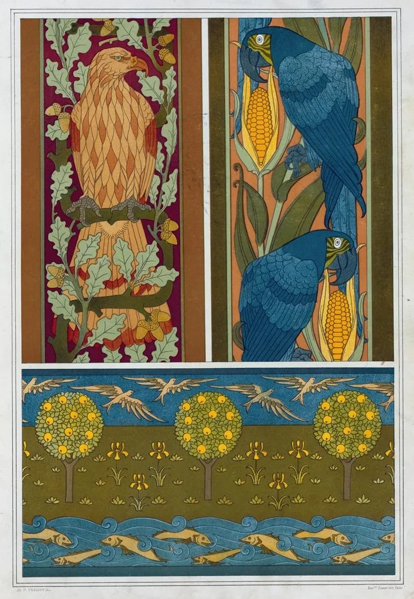 Aigle et Ch Ne, Aras et Ma's, Bordures. Poissons et Oiseaux, Frise