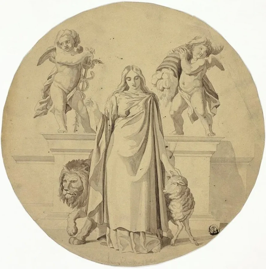 Allegorical Female Figure with Lion, Lamb, Two Putti