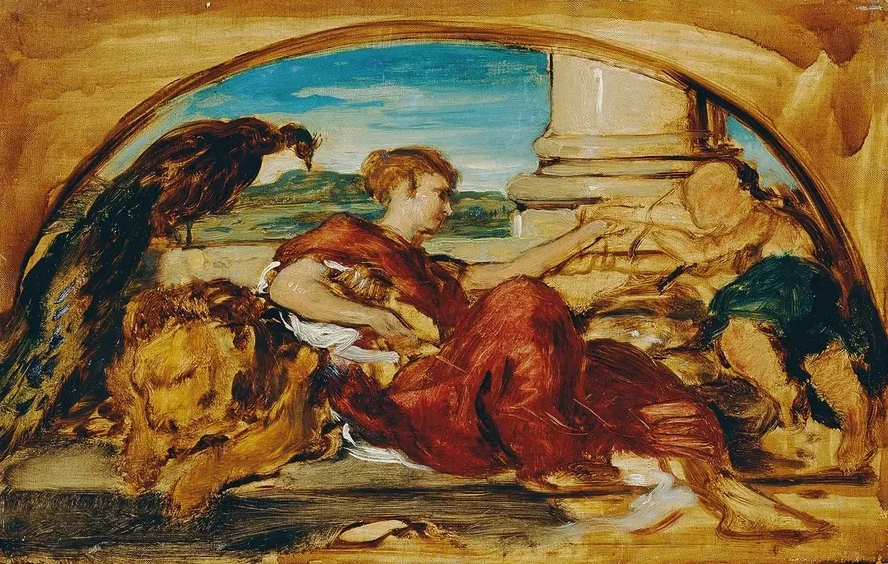 Allegorische Figur mit L we und Pfau