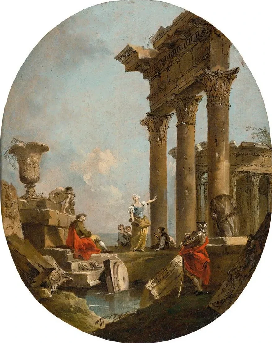 An Architectural Capriccio With Figures Amongst Classical Ruins, A Temple Beyond